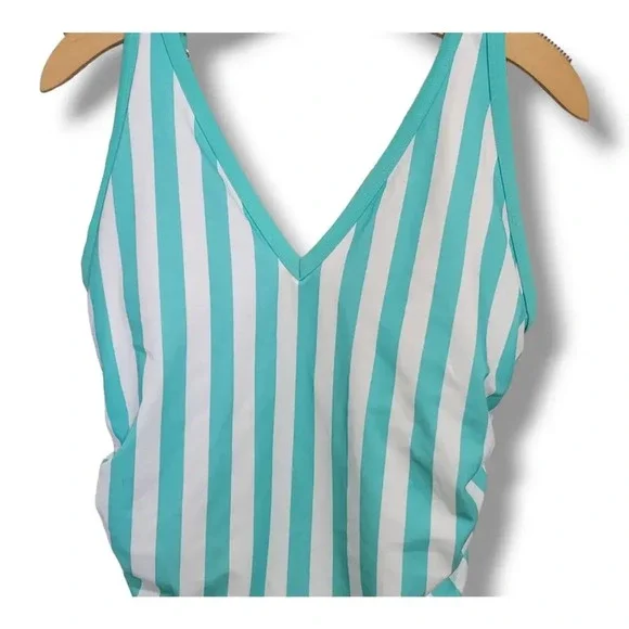 Kona Sol Women’s Blue & White Striped V-Neck High-Leg Swimsuit – New - Picture 8 of 10